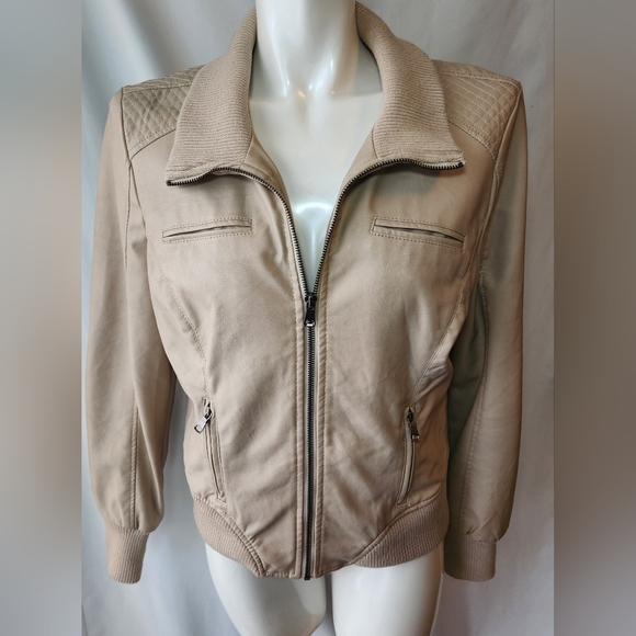 Y2K Vegan Leather Beige Zip Up Jacket Size Large - Picture 3 of 9